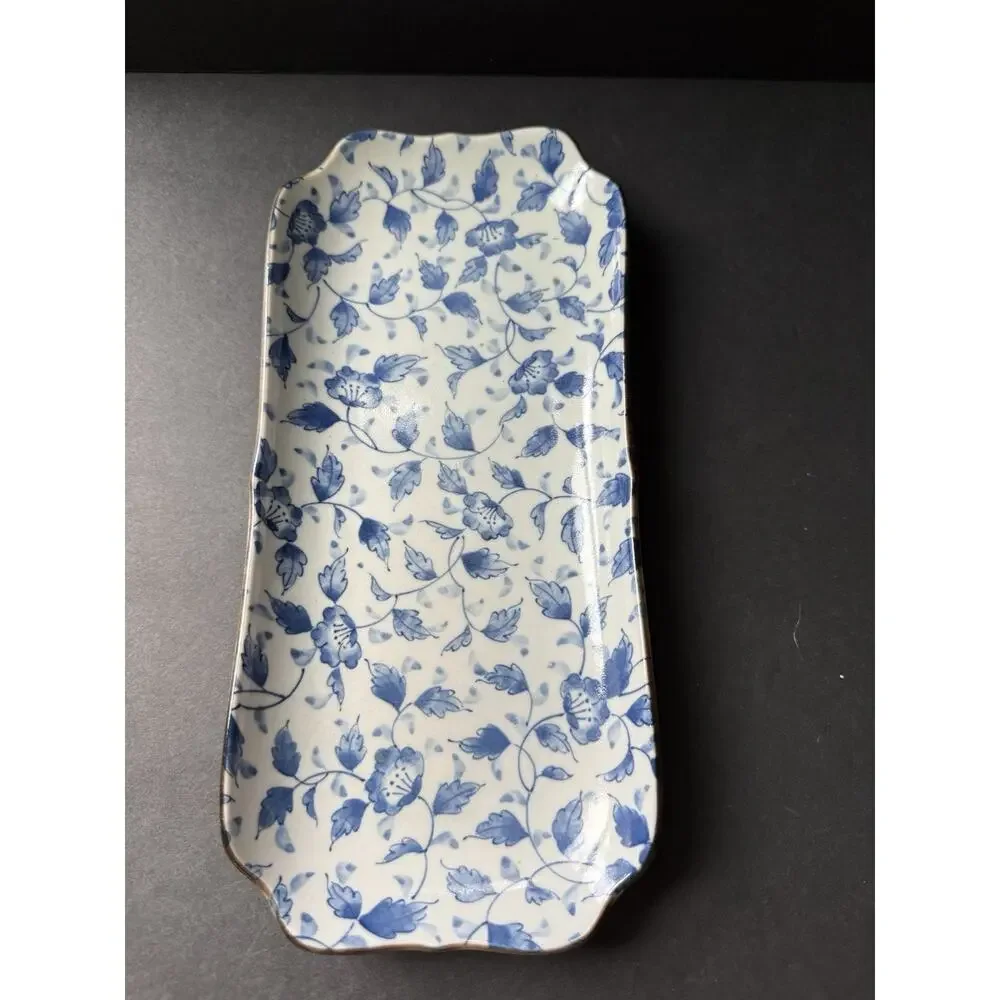 Vintage Floral Asian Rectangle Porcelain Tray Blue White Serving Trinket Cottage